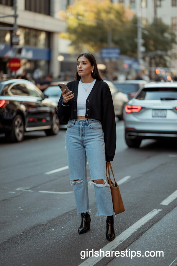 Cropped Black Cardigan with Distressed Jeans