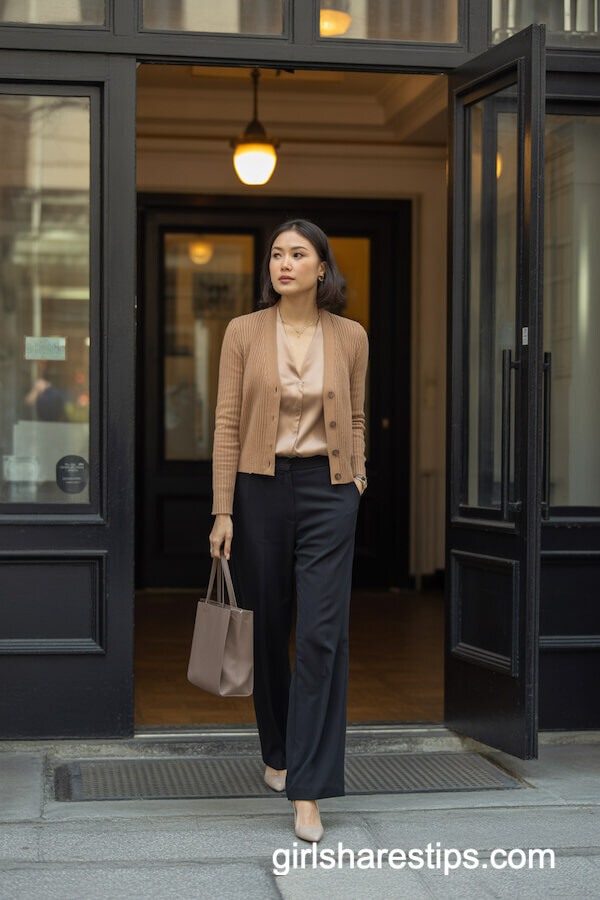 Camel Cardigan with Wide-Leg Trousers