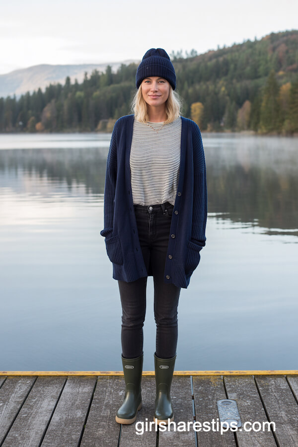 Navy Cardigan with Striped Tee and Skinny Jeans