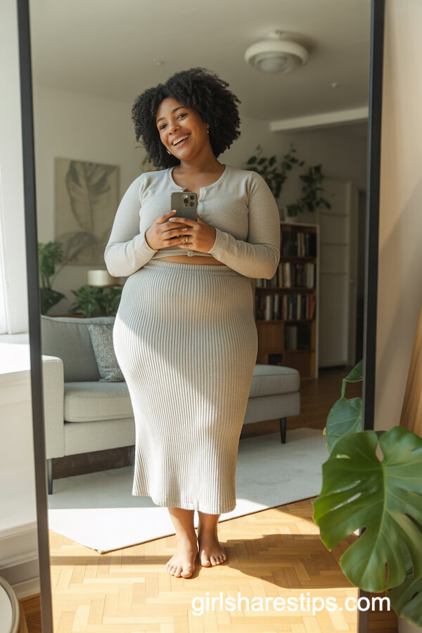 Cropped Beige Cardigan with Midi Skirt