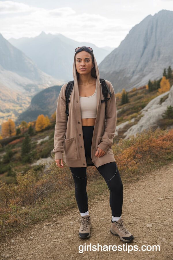 Hooded Cardigan with Activewear and Hiking Boots