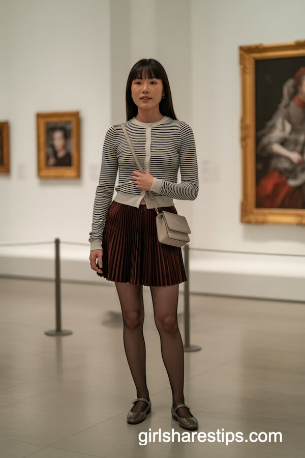 Striped Cardigan with Pleated Mini Skirt