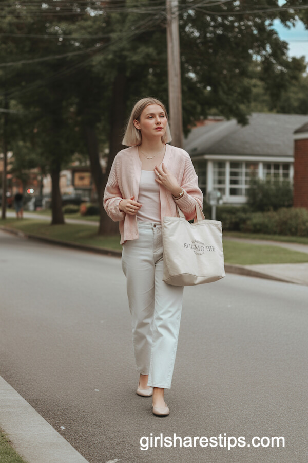 Pale Pink Cardigan with Straight-Leg Ivory Jeans