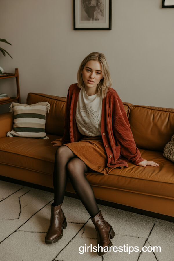 Rust Cardigan with Corduroy Skirt