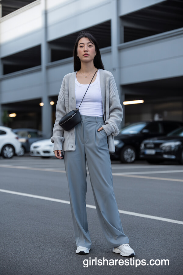 Gray Cardigan with Matching Wide-Leg Trousers