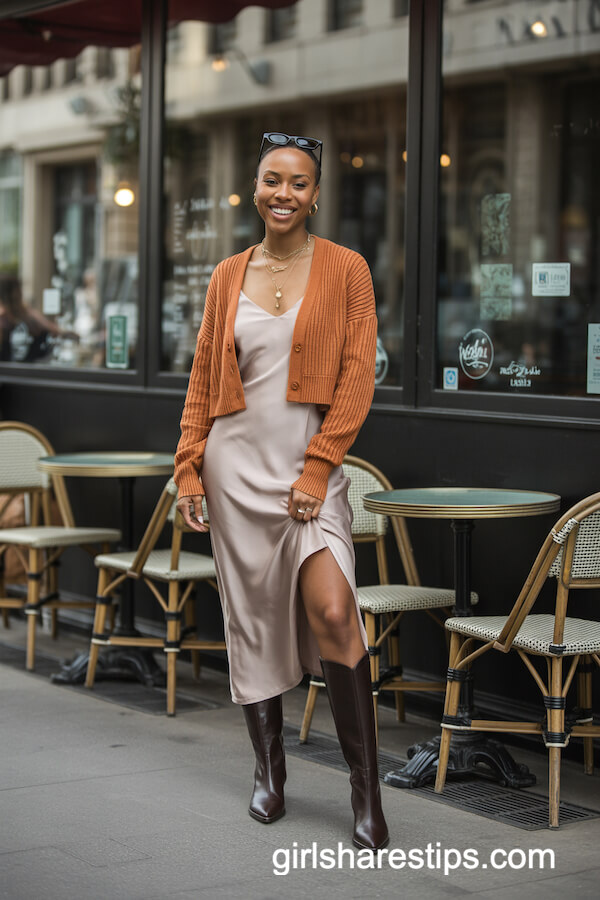 Cropped Orange Cardigan with Slip Dress and Tall Boots