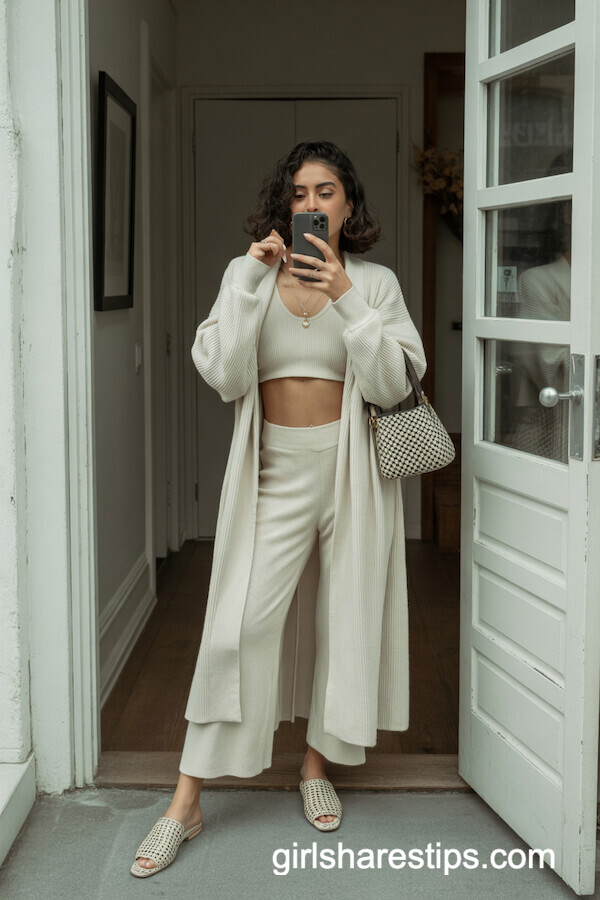 Long White Cardigan with Knit Set and Mules