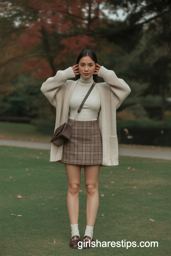 Ivory Cardigan with Plaid Mini Skirt