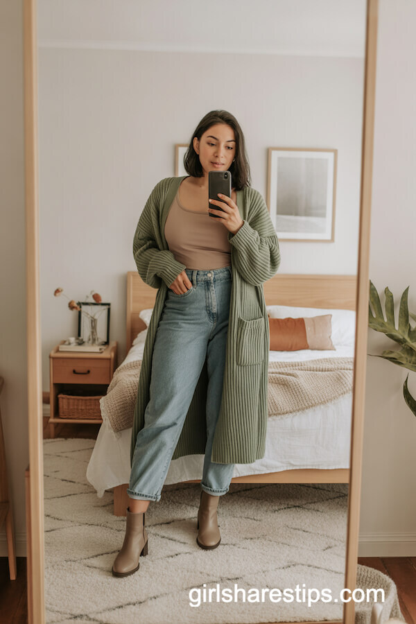 Sage Green Cardigan with High-Waisted Jeans