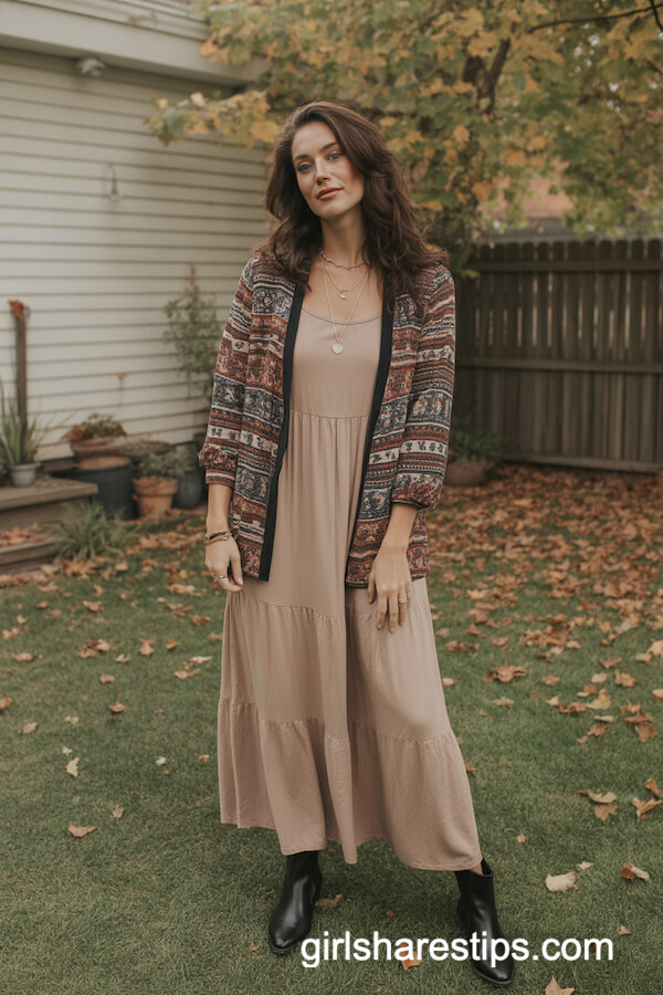 Patterned Cardigan Over Maxi Dress