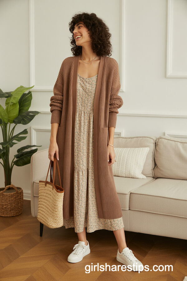 Brown Cardigan with Floral Midi Dress