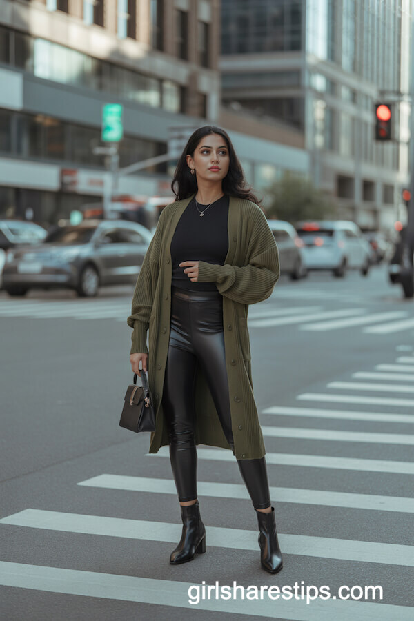 Olive Cardigan with Leather Leggings