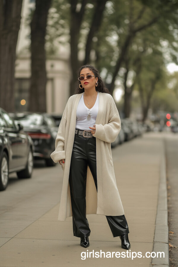 Chunky Cream Cardigan with Faux Leather Pants