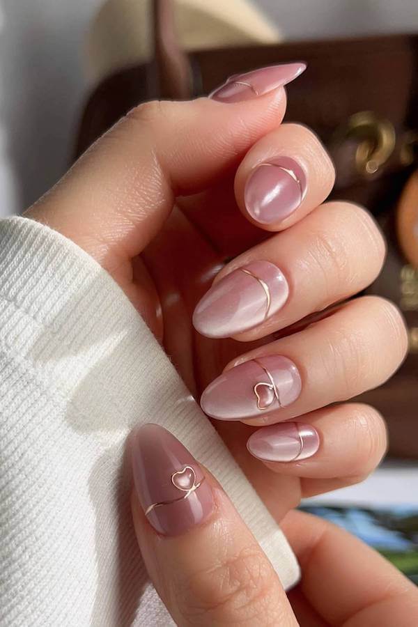 Nude Pink Cat Eye Nails with Gold Accents