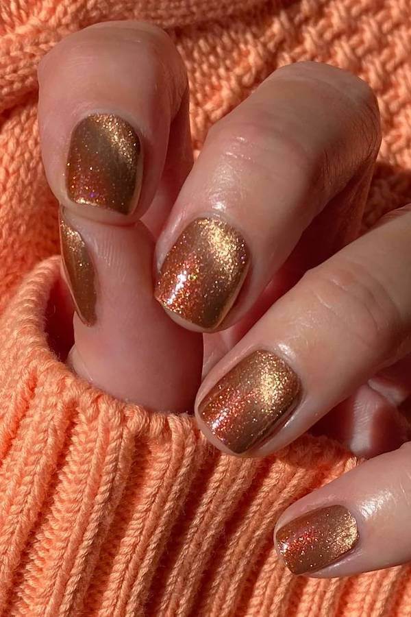 Shimmery Copper Short Cat Eye Nails