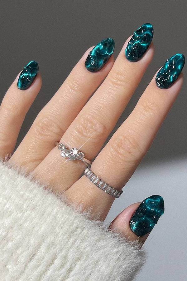 Teal Marble Cat Eye Nails