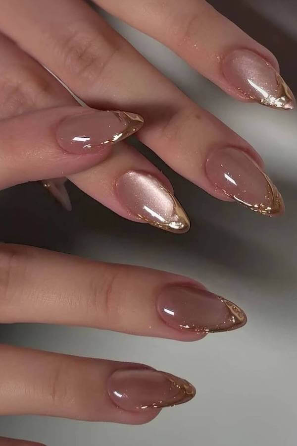 Rose Gold French Tip Cat Eye Nails