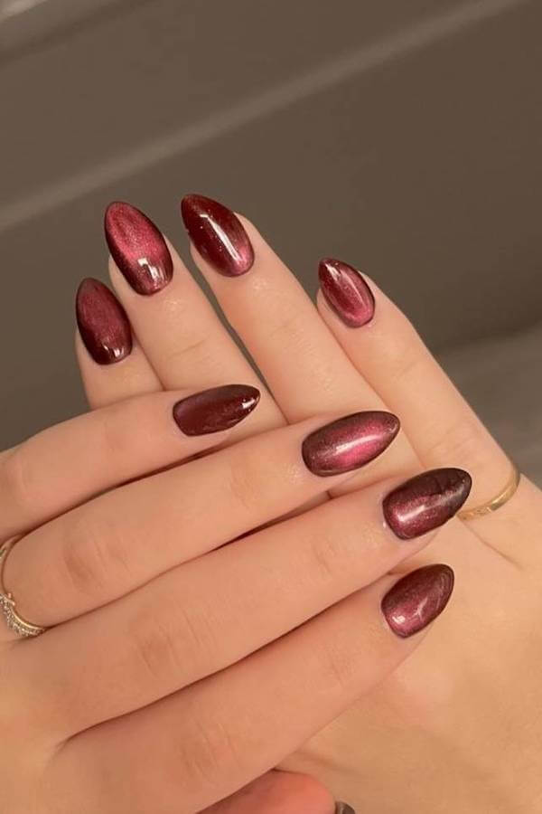 Deep Burgundy Cat Eye Nails