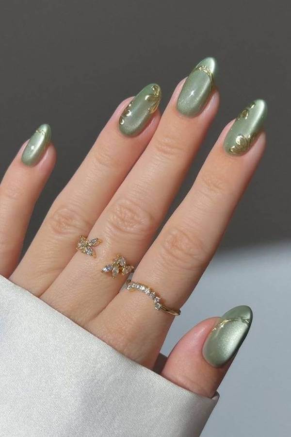 Olive Green Cat Eye Nails with Gold Details