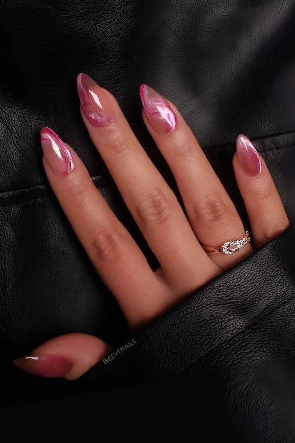 Pink Marble Cat Eye Nails
