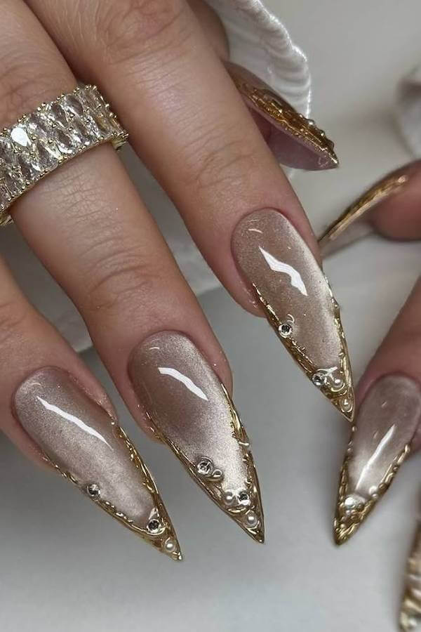 Nude Gold Cat Eye Stiletto Nails
