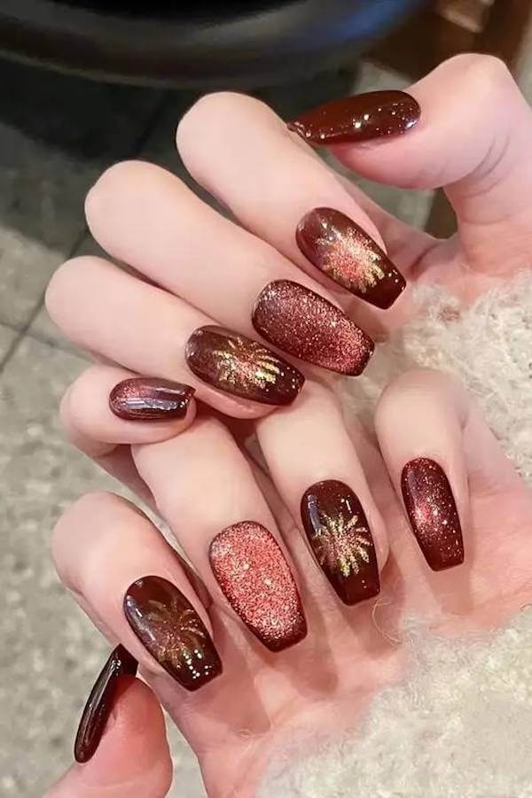 Red Sparkle Cat Eye Nails with Firework Art