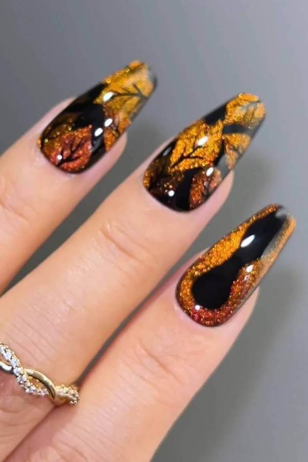 Autumn Leaf Cat Eye Nail Art
