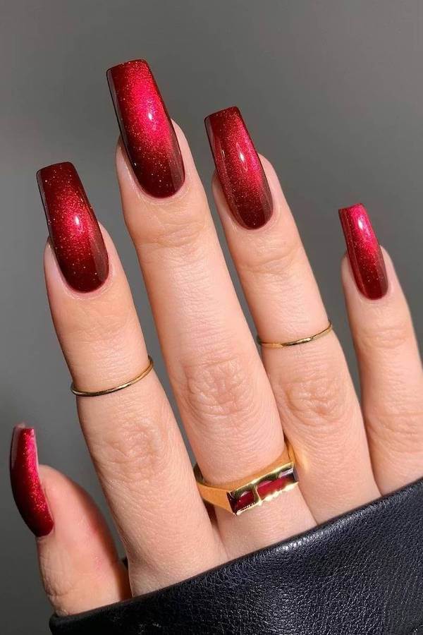 Burgundy Square Cat Eye Nails