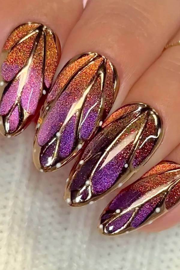 Purple and Orange Cat Eye Leaf Nails
