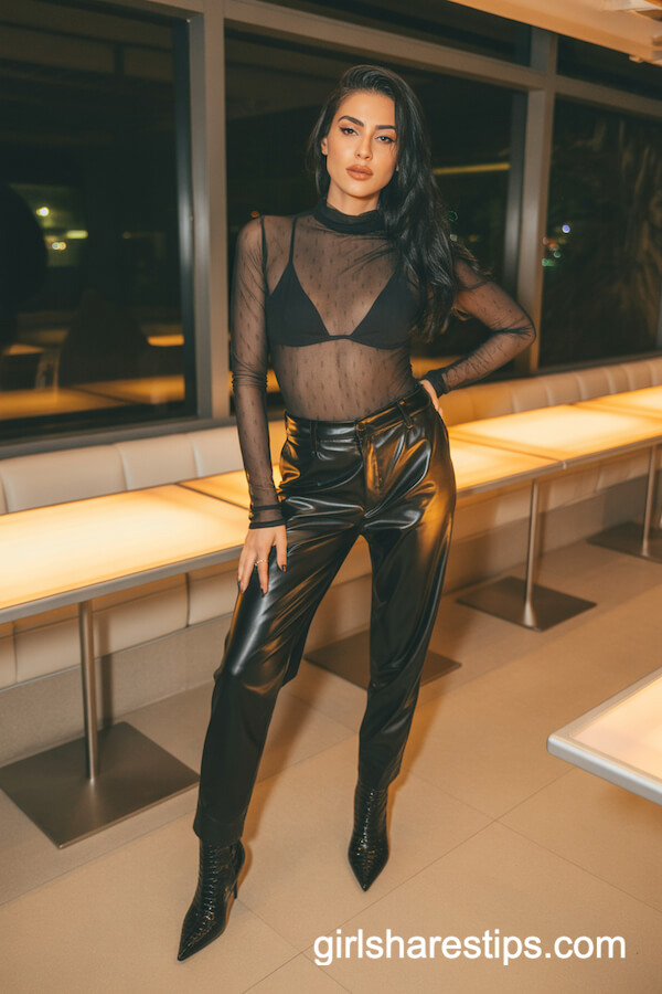 Black Mesh Bodysuit with Faux Leather Pants