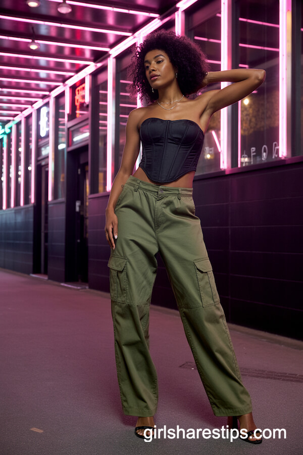 Black Strapless Corset Top with Cargo Pants