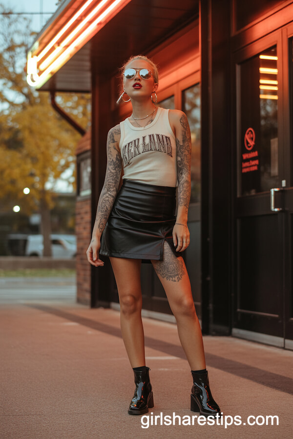 Band Tank Top and Faux Leather Mini Skirt