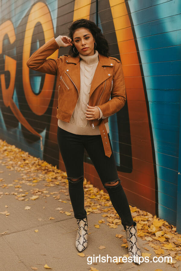 Suede Moto Jacket with Turtleneck and Snake Boots