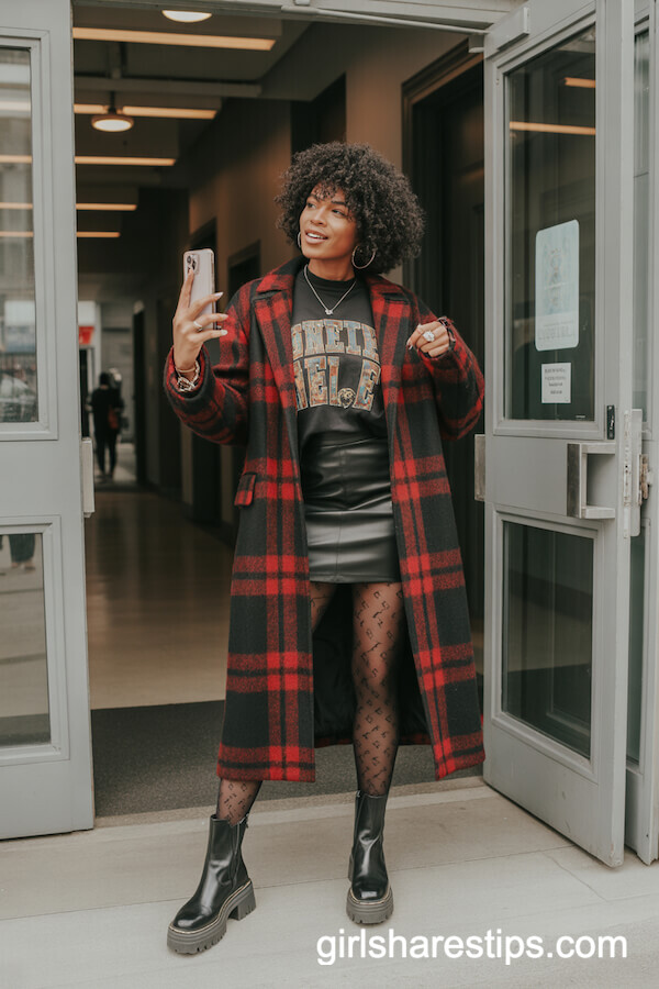 Plaid Statement Coat with Graphic Tee and Tights