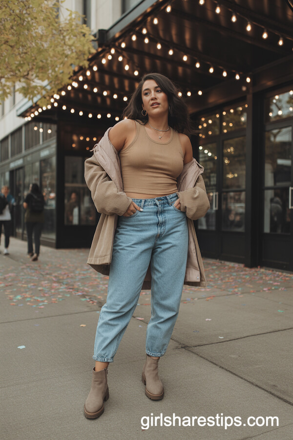 Ribbed Knit Top with Shacket and Mom Jeans