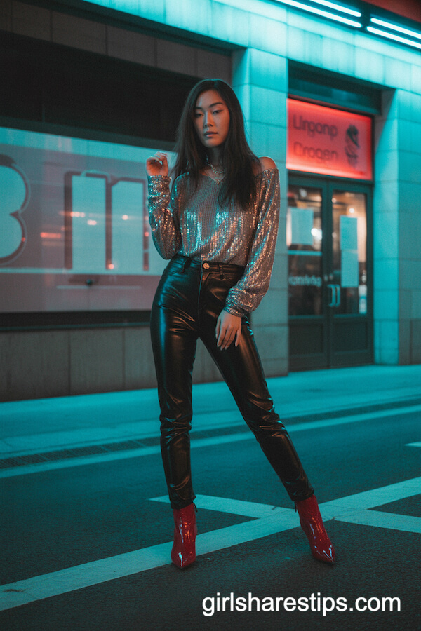 Sequin Top with Moto Pants and Red Boots