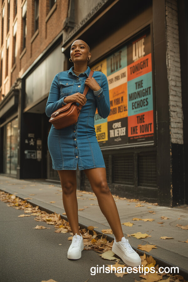 Button-Up Denim Dress with Platform Sneakers