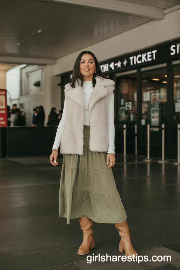 Shearling Vest Over Flowy Midi Skirt