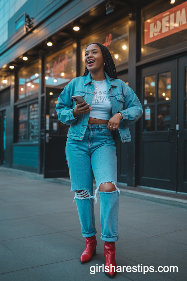 Denim Jacket with Ripped Jeans and Red Boots