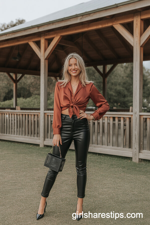 Rust Satin Crop Top with Faux Leather Pants