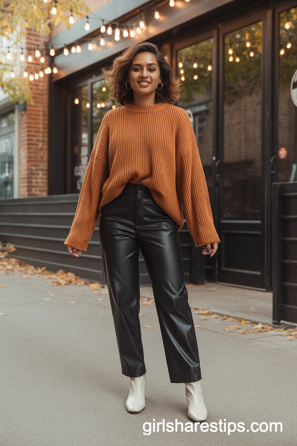 Burnt Orange Chunky Knit with Black Faux Leather Pants