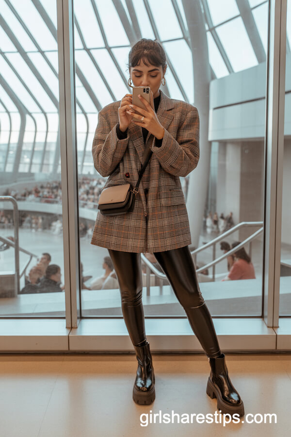 Oversized Plaid Blazer with Leather Leggings