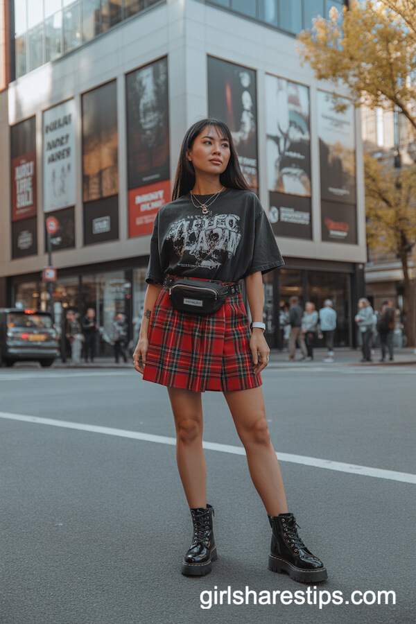 Graphic Tee Tucked Into Red Plaid Mini Skirt
