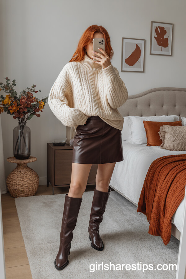 Cable-Knit Sweater Suede Mini Skirt