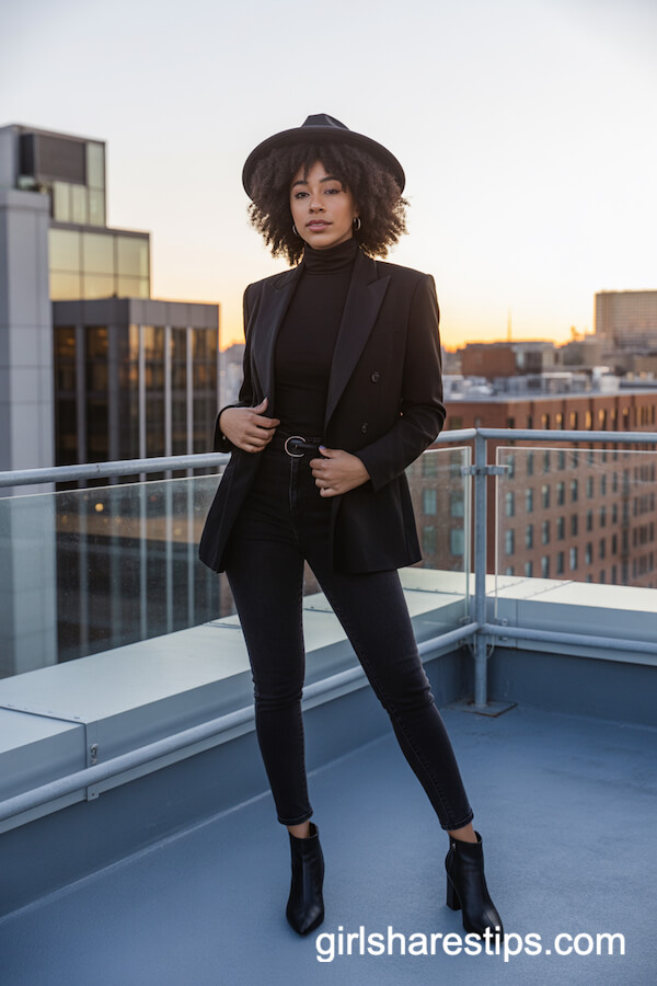 Black Turtleneck with Fedora and Skinny Jeans