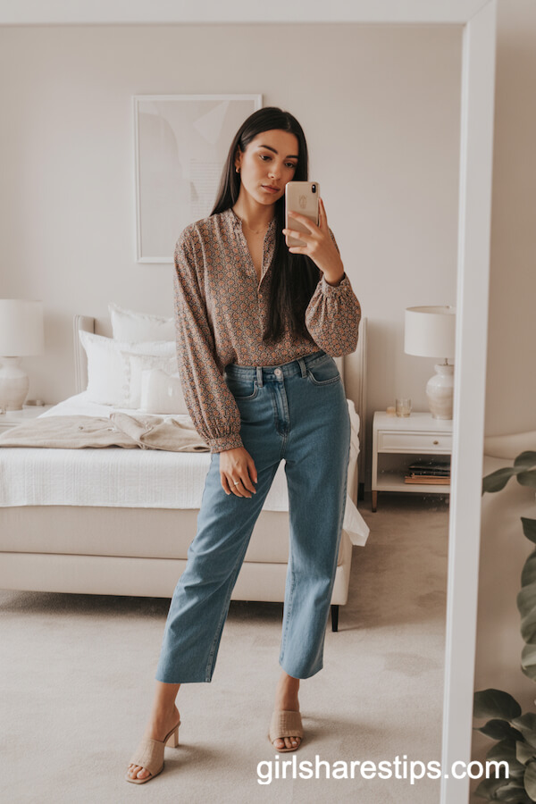 Patterned Blouse with High-Waisted Jeans and Mules