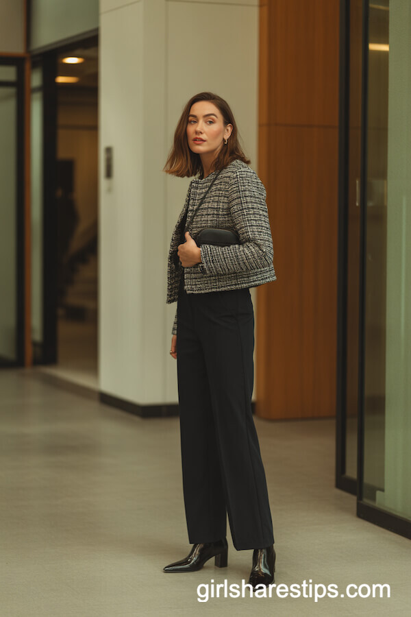 Cropped Tweed Jacket with Black Wide-Leg Trousers