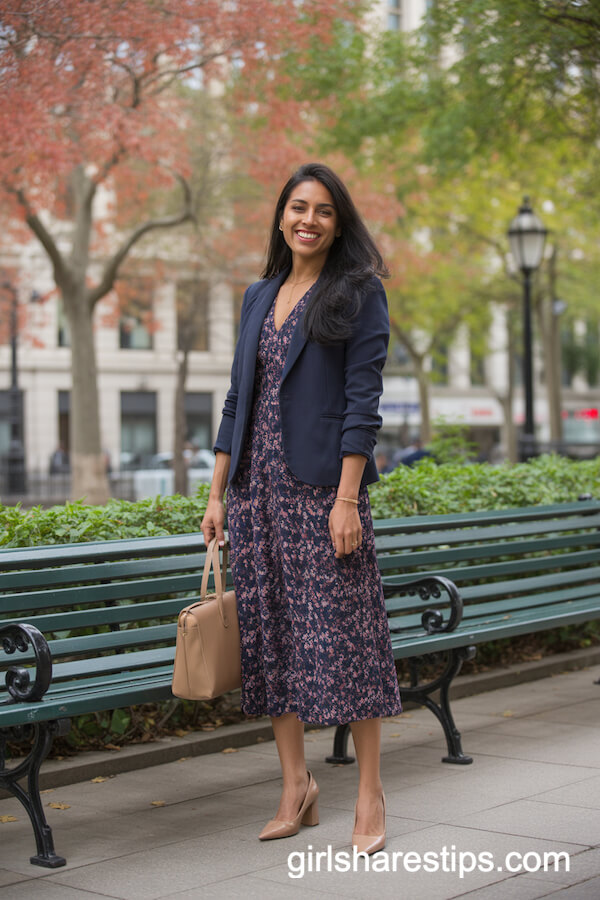 Floral Midi Dress under Navy Blazer with Tan Pumps