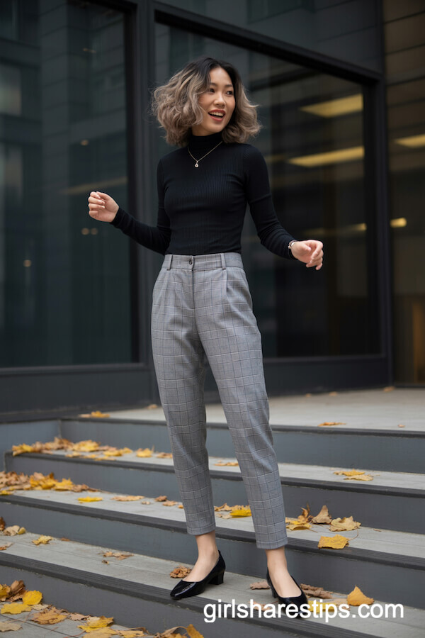 Gray Plaid Tapered Trousers with Black Turtleneck