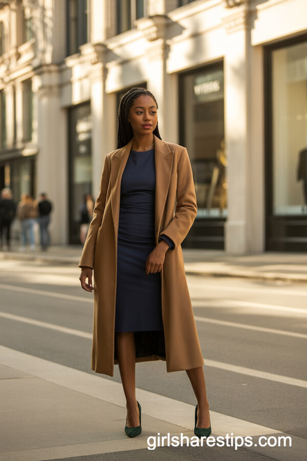 Camel Wool Coat over Navy Fitted Dress